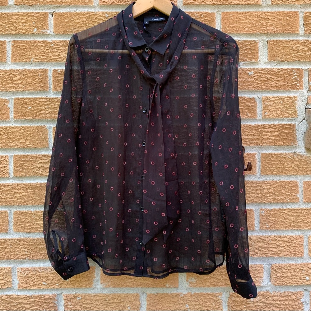 The Kooples Semi Sheer Bow Tie Longsleeve Button Up Blouse Crepe Floral Top L